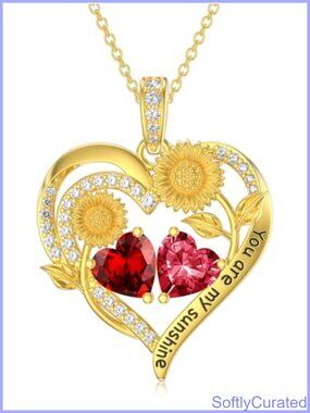 14K Gold Plated Double Birthstone Sunflower Heart Pendant Necklace